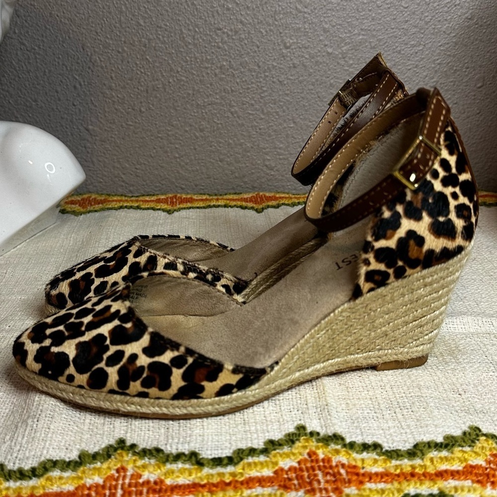 Nine West Leather Leopard Print Calf Hair Espadrille Wedge Sandals​​​
